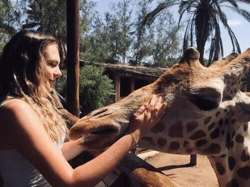 Stagaire de Spanish Work Exchange Programme avec girafe dans le Oasis parc